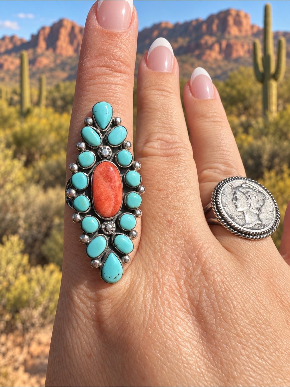 Size 9 Signed Red Coral & Kingman Turquoise Sterling Silver Ring 🩵